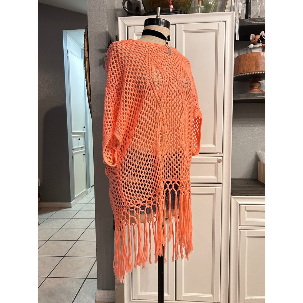 Bright Crochet Fringe Poncho Top Boho Festival Coverup One Size